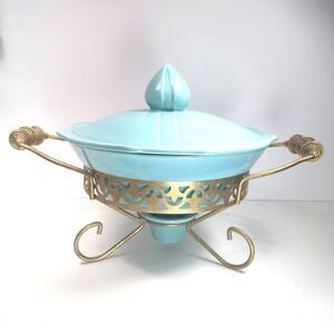 Vintage Miramar California Pottery Turquoise Covered Serving Dish Stand